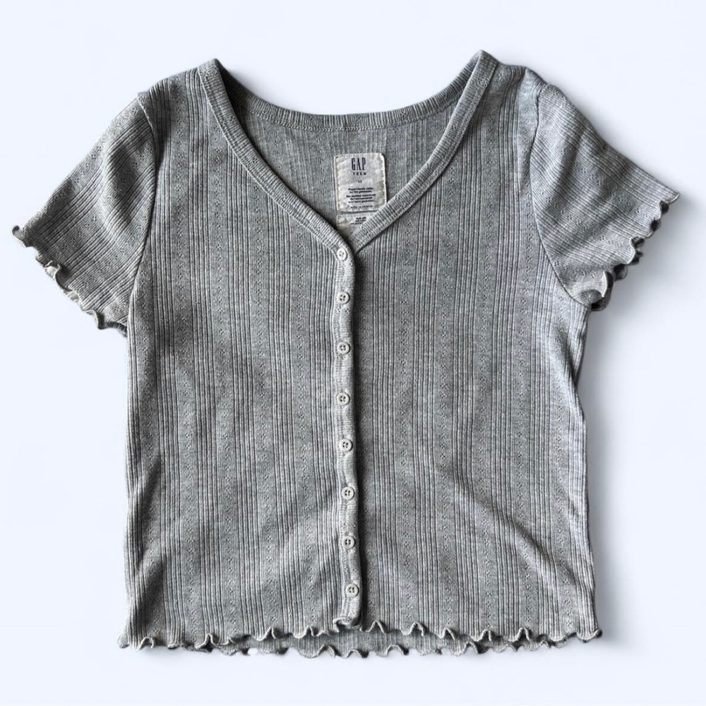 Gap Grey Pointelle Lettuce Trim Button Up Short Sleeve Crop Top Teen 12